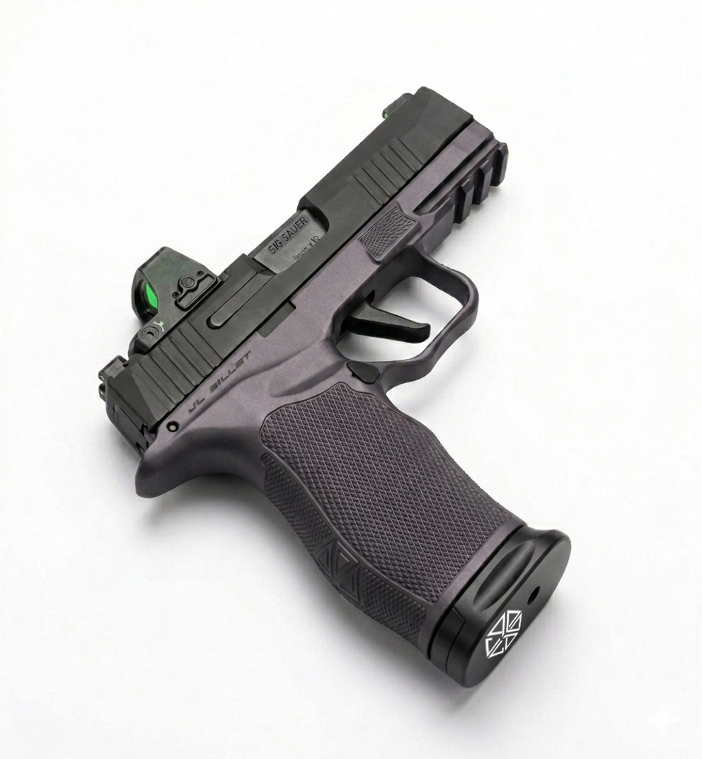 Battle Gray SIG P365 Macro Grip Module sitting on white background